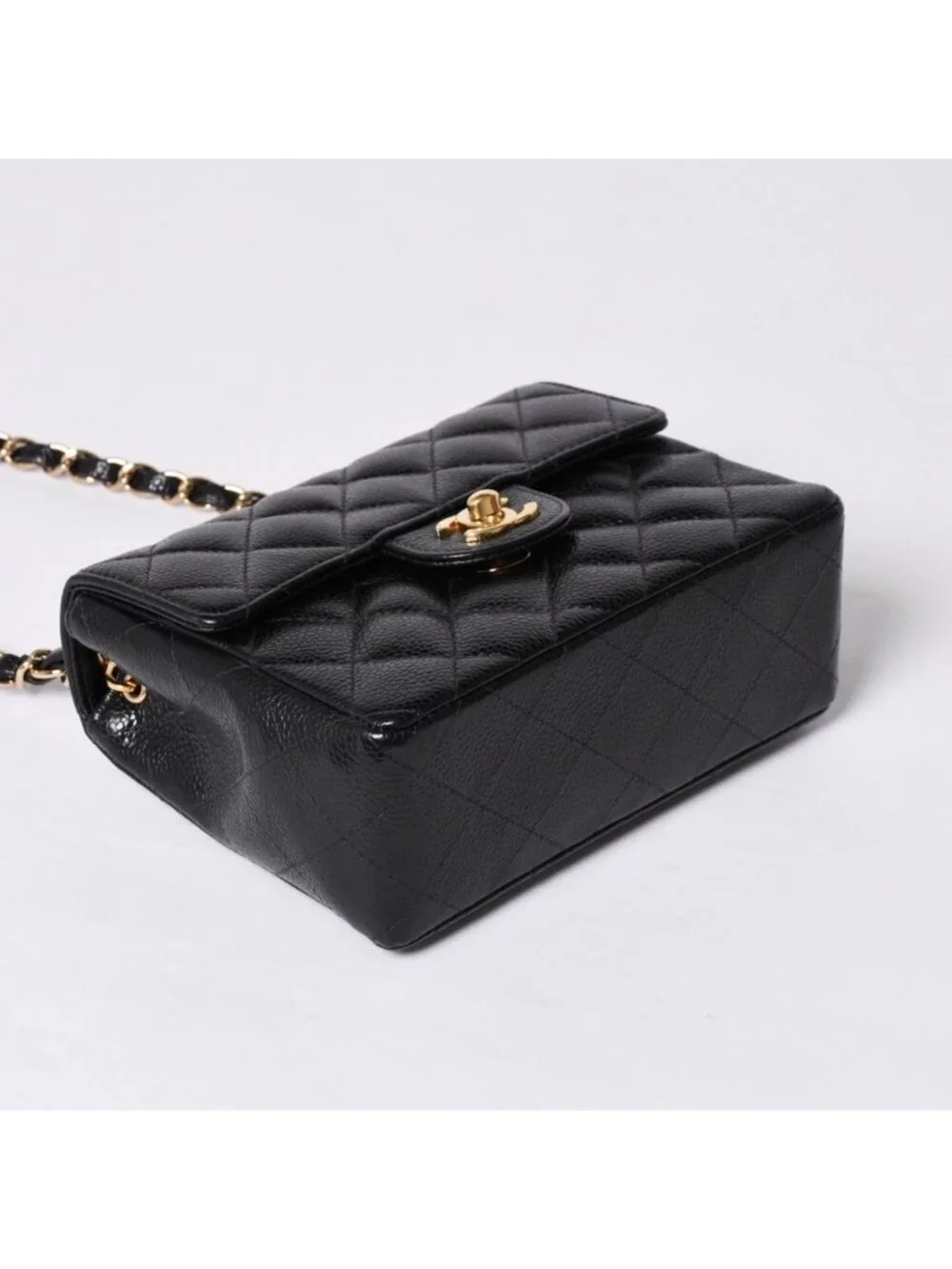 Chanel Mini Quilted Chain Shoulder Bag Caviar Leather Gold Black